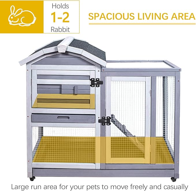 GEGURI Rabbit Hutch Indoor Rabbit Cage Outdoor, Wooden Bunny Cages for Guinea Pig with Wheels, Removable Tray, Ramp-PurrikoPets