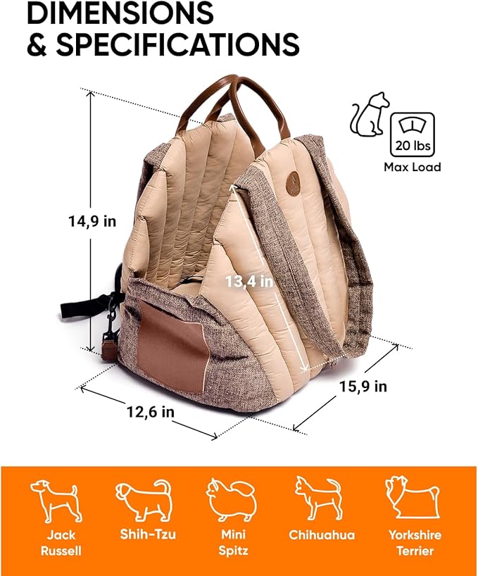 Dog Travel Bag | Cat Carrier | Small Pet Taxi | Lightweight Soft-Sided Tote, Car-Seat Compatible, Washable, 6–20 lb | Vegan Materials | Brown-PurrikoPets