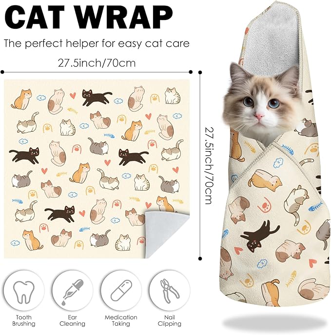 27.6"Cat Grooming Wrap, Self Adhesive Cat Wrap for Cutting Nails, Anti-Escape Calming Cat Swaddle Wrap for Medicine Ear Cleaning, Anti-Scratch Cats Burrito Restraint Blanket, Multifunctional Pet Tool-PurrikoPets