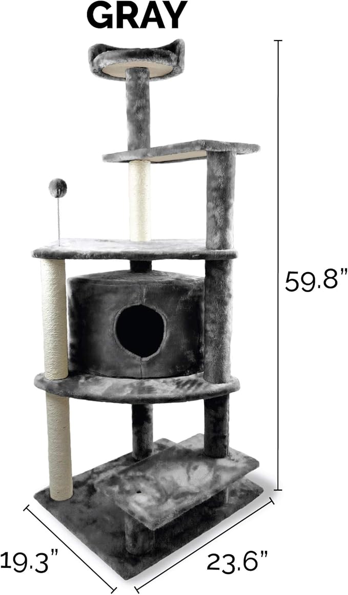 Furhaven 59.8" Tall Cat Tree for Indoor Cats, Ft. Sisal Scratching Posts, Condo, & Toys - Tiger Tough Platform House Interactive Playground Tower - Gray, One Size-PurrikoPets