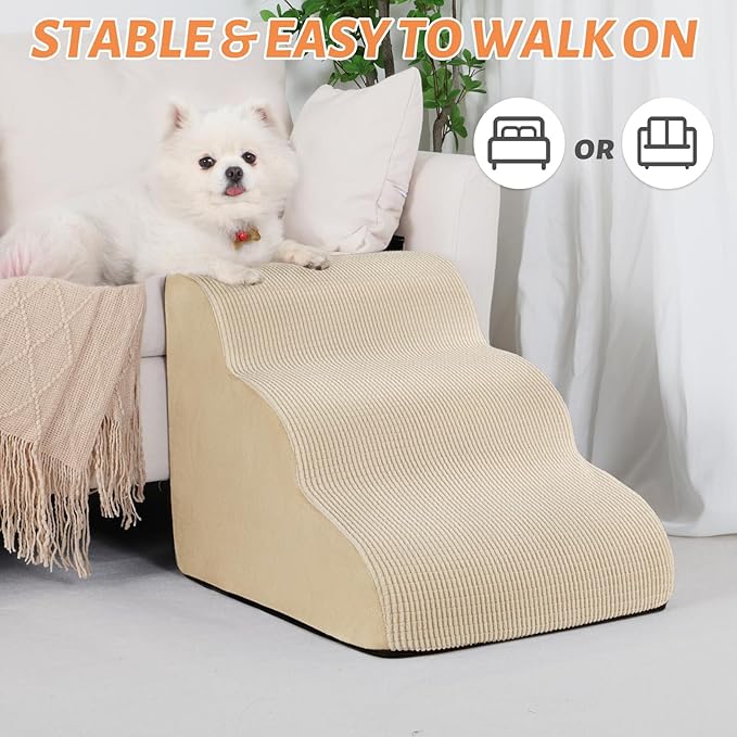 3-Step Dog Ramp and Stairs for Sofa and Chair - Non-Slip Sturdy Pet Steps for Small Dogs and Cats,15.7" H,Beige-PurrikoPets