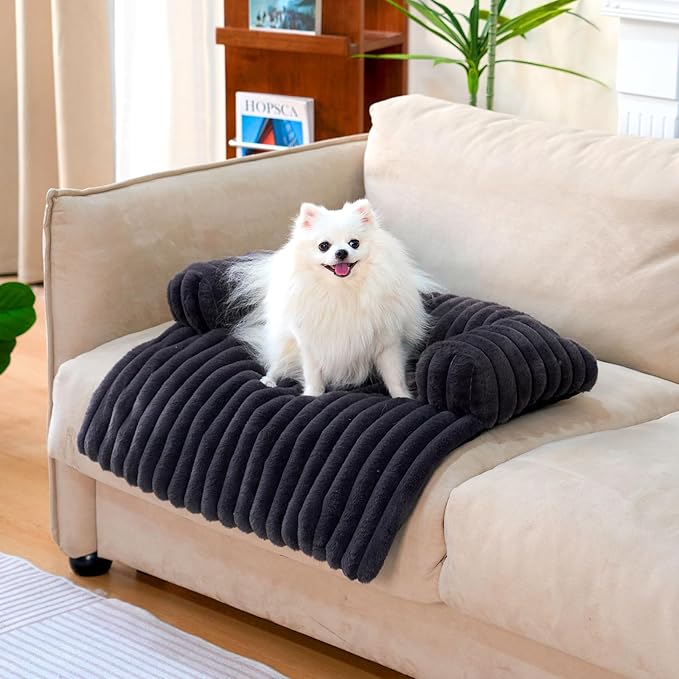FUNNY FUZZY Pet Couch Cover for Sofa, Calming Dog Bed for Couch, Fluffy Plush Cat Bed Mat for Furniture Protector for Small Dogs and Kitten, 27×24 in, Dark Grey-PurrikoPets
