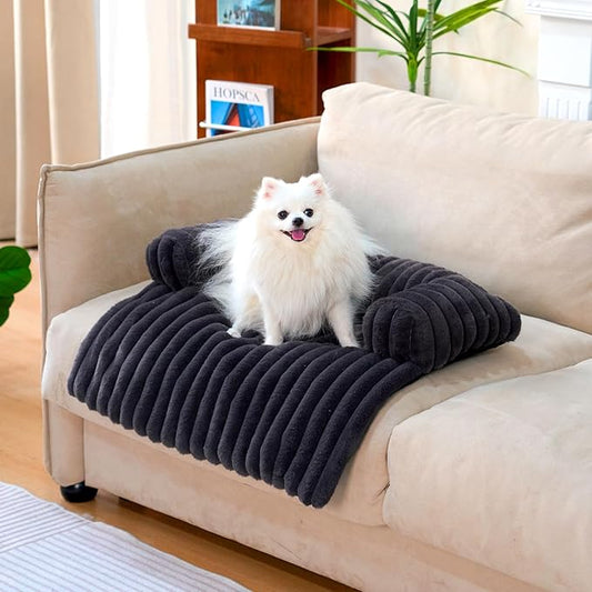 FUNNY FUZZY Pet Couch Cover for Sofa, Calming Dog Bed for Couch, Fluffy Plush Cat Bed Mat for Furniture Protector for Small Dogs and Kitten, 27×24 in, Dark Grey-PurrikoPets