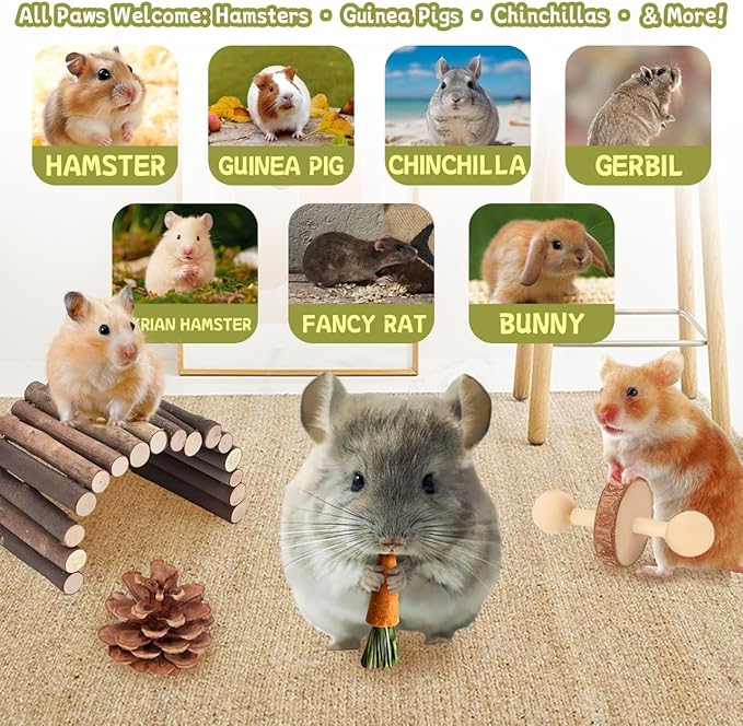 18 PCS Hamster Chew Toys Set, Natural Apple Wood Guinea Pig Toys, Hamster Cage Accessories Include Bridge, Seesaw, Carrot, Timothy Straw Stick Dental Care for Rat Gerbil Chinchilla Rabbits-PurrikoPets