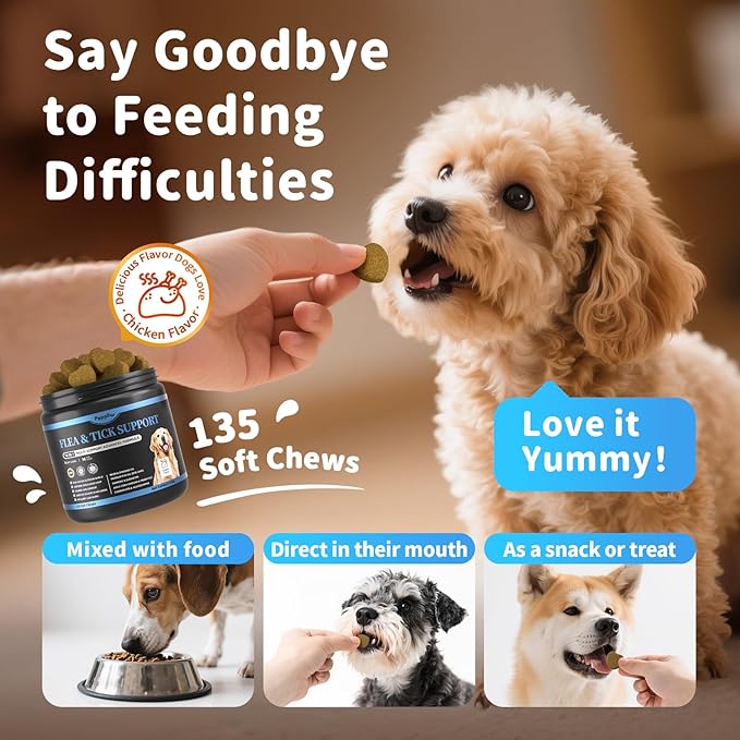 Dog Flea and Tick Support Chewable, Natural Dog Flea Comfort Supplement, Oral Chews with Neem, Oregano Oil, Pumpkin Seed Oil & Brewer's Yeast – 135 Soft Chews, Chicken Flavor – for All Breeds & Sizes-PurrikoPets