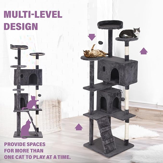 70 inches Cat Tower for Indoor Cats Multi-Level Cat Condos for XL Cat Tree Cat Climbing Tower with Scratching Posts, Hanging Toys,Light Gray-PurrikoPets