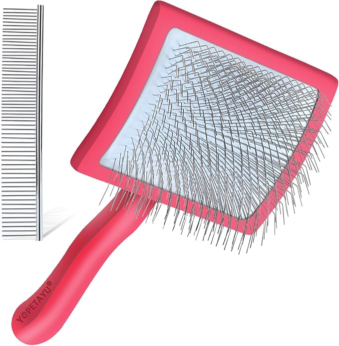 Dog Slicker Brush for Shedding and Grooming Medium or Long Haired Cats, Extra Long & Soft Pin Slicker Brush for Removes Loose Hair, Tangles, Knots, Undercoat, Free Pet Comb, Large Red-PurrikoPets