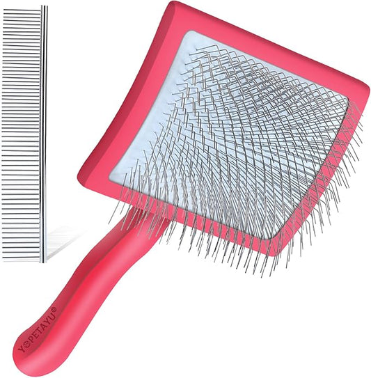 Dog Slicker Brush for Shedding and Grooming Medium or Long Haired Cats, Extra Long & Soft Pin Slicker Brush for Removes Loose Hair, Tangles, Knots, Undercoat, Free Pet Comb, Large Red-PurrikoPets