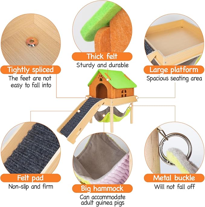3 in 1 Enlarged Guinea Pig Hammock with House & Platform,Wooden Guinea Pig Hideout with Hammock & Stairs Small Animal Toys for Hiding Sleeping Activities-PurrikoPets