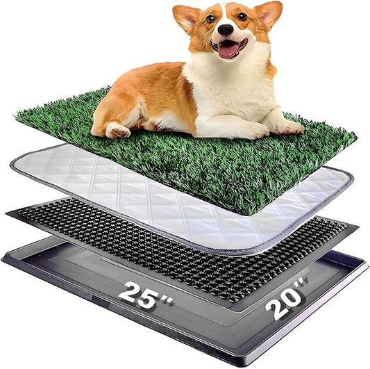 Dog Grass Pad with Tray 25"X20" - Portable Dog Litter Box for Balcony/Patio, Indoor/Outdoor Artificial Turf Pet Potty for Puppy Training, with Washable Pee Pad and Fake Grass Mat-PurrikoPets