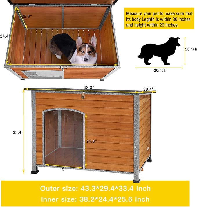 Aivituvin Dog House Outdoor & Indoor Wooden Dog Kennel for Winter with Raised Feet Weatherproof for Small & Medium & Large Dogs,Unique All-Around Iron Frame…-PurrikoPets