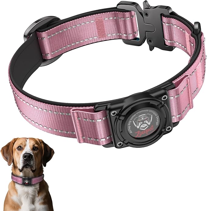 2025 Upgrade Airtag Dog Collar, Reflective Dog Collar with Airtag Holder, IP68 Waterproof| Metal Buckle| Ultra-Durable| Comfortable Padded, GPS Dog Collars for Medium Large Dogs (Pink,M)-PurrikoPets