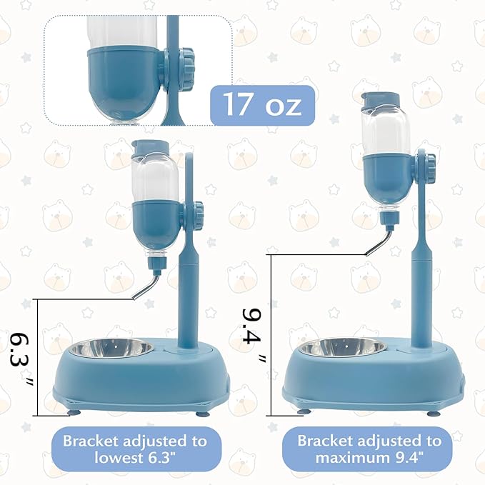 Fhiny Dog Water Feeder Bottle with Stand, Dispenser Automatic Water Food Bowl for Cage No-Drip Leak-Proof Adjustable Raised Pet Slow Water Bottle Dog Kennel Durable Drinker (Blue, 17oz)-PurrikoPets