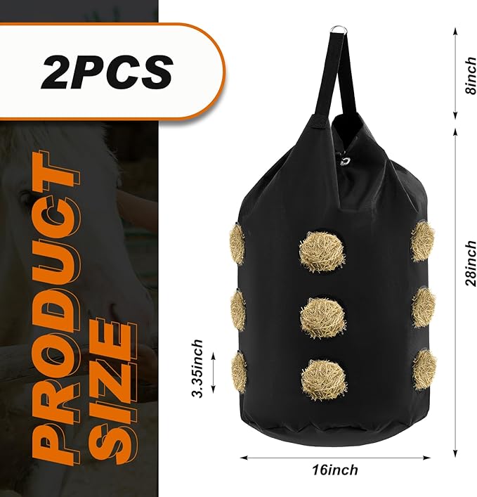 2 Pcs hay Bags for Horses Goats Slow Feed 1680D Oxford Bag Black Large Capacity Net Open Feed Hole Hay Holder for Horse Goats Sheep(15 Holes)-PurrikoPets