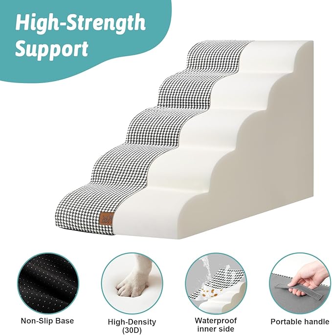 Extra Wide Dog Stairs 19.7" Width, Large Pet Step for Small Medium Dog, Puppy or Cat, Ramp for High Bed or Car, High Density Foam Ladder, Stable, 5 Step, 19.7x33x22.4 inch, White Black-PurrikoPets