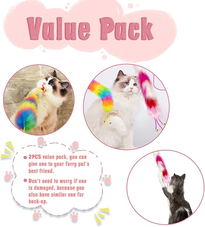 2 Pack Cat Wand Toy, Rainbow Cat Feather Toys with Bells, Teaser Wand with Soft Furry Tail, Interactive Toys for Indoor Cats & Kitten & Kitty-PurrikoPets
