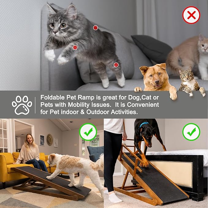 ABORON Dog Ramp,Adjustable Folding Pet Ramp for Bed,Couch,SUV - High Traction Portable Rubber Paw Ramps,Great for Small & Large Old Dogs & Cats, Supports up to 200 lbs,63''Long-PurrikoPets