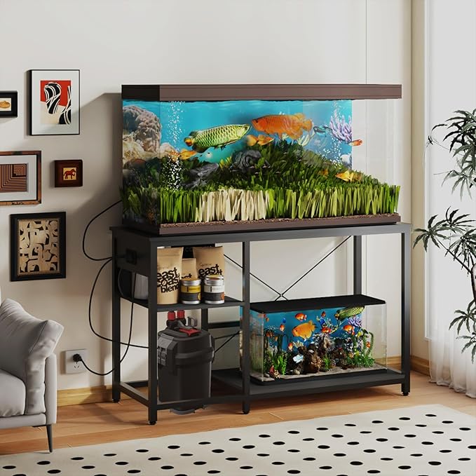 50-75 Gallon Fish Tank Stand with Power Outlet & LED Light, Metal Aquarium Stand with 3 Tier Adjustable Storage Shelves, Tank Stand for Reptile Tank, Turtle Tank, 52" L*19.5" W, Black-PurrikoPets