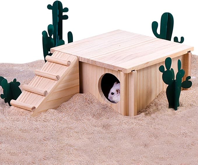 Fhiny Wooden Hamster Hideout for Small Animal, Gerbils Chamber Hut with Ladder Habitats Decor, Maze Climbing Toys for Dwarf Syrian Hamsters Mice and Other Small Pets-PurrikoPets
