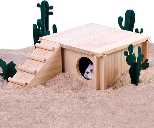 Fhiny Wooden Hamster Hideout for Small Animal, Gerbils Chamber Hut with Ladder Habitats Decor, Maze Climbing Toys for Dwarf Syrian Hamsters Mice and Other Small Pets-PurrikoPets