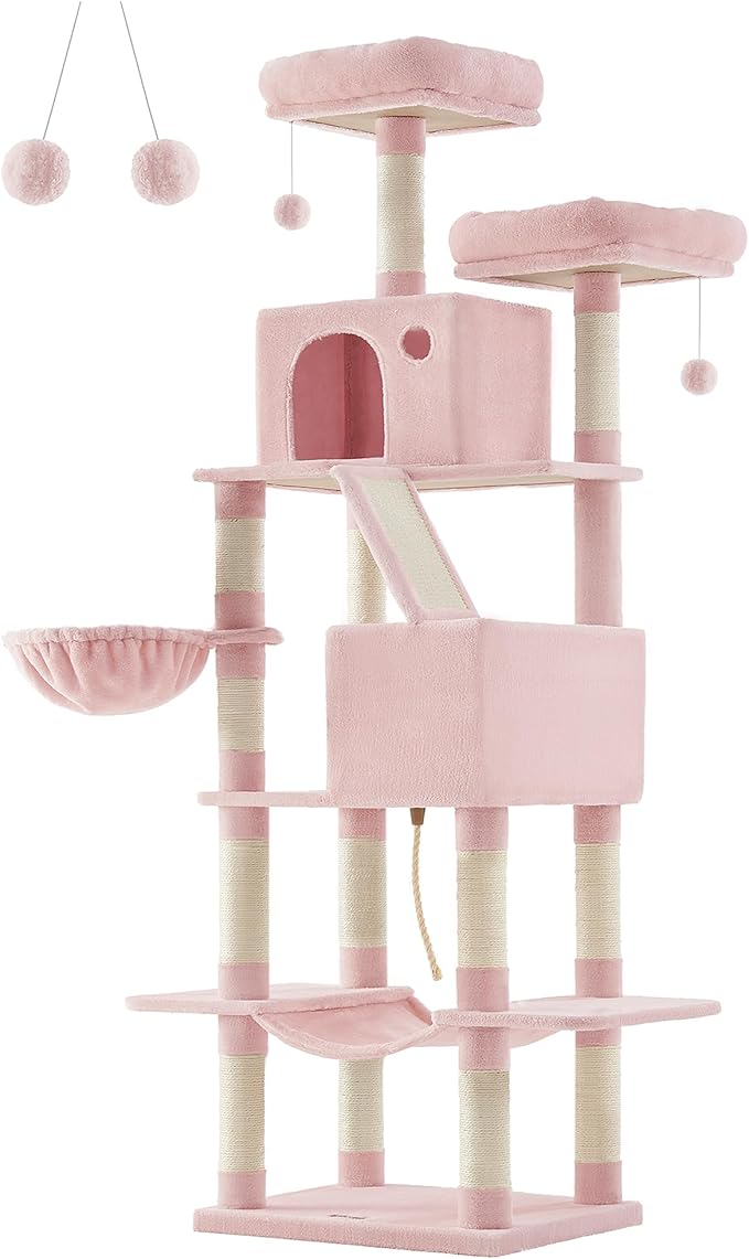 Feandrea Cat Tree, 81.1-Inch Large Cat Tower with 13 Scratching Posts, 2 Perches, 2 Caves, Basket, Hammock, Pompoms, Multi-Level Plush Cat Condo for Indoor Cats, Jelly Pink UPCT190P01-PurrikoPets