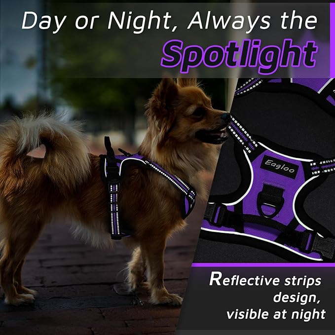 Eagloo Small Dog Harness No Pull, Service Vest with Reflective Strips and Control Handle, Adjustable and Comfortable for Easy Walking, No Choke Pet Harness with 2 Metal Rings, Purple, XS-PurrikoPets