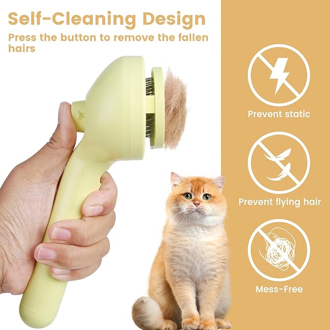 3 in 1 Cat Steam Brush, Pet Spray Hair Removal Comb for Shedding & Grooming, Water Brush for Cats Dogs Small Animals Long Short Haired with One-Click Release Button(Yellow)-PurrikoPets
