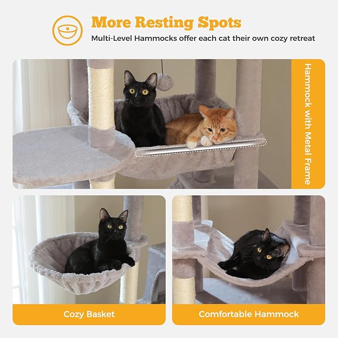 81" Heavy Duty Cat Tree for Large Cats up to 20lbs - Extra Tall Cat Tower with Metal Frame Hammock, 6 Sisal Scratching Posts, 2 Perches - Indoor Cat Furniture for Maine Coon, Big Cats, Gray-PurrikoPets