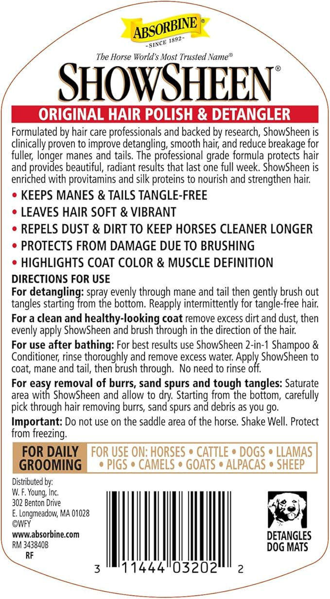 Absorbine ShowSheen Hair Polish & Detangler 32oz Refill Bottle, Horse and Dog Coat, Mane and Tail, Instant Detangling & Reduces Hair Breakage for Healthy Grooming & Radiant Shine-PurrikoPets