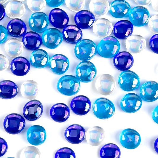 FUTUREPLUSX 1LB Iridescent Flat Glass Marbles, Blue Mixed Glass Beads Vase Fillers Decorative Gem Pebbles Sparkling Floral Fish Tank Rocks for Vases Table Scatter Aquarium Decor DIY Craft-PurrikoPets