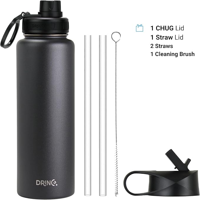DRINCO Stainless Steel Water Bottle Spout Lid Vacuum Insulated Double Wall Water Bottles Wide Mouth (40oz 32oz 22oz 18oz 14oz) Leak Proof Keeps Cold or Hot (40 oz, 40oz Black)-PurrikoPets