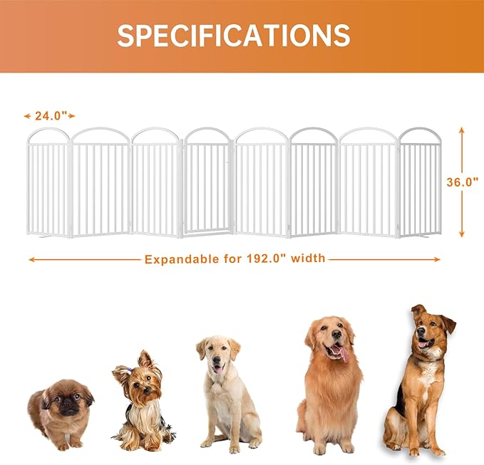 8 Panles Full Matel Freestanding Dog Gates with Door, 192"Extra Wide 36"Tall Free Standing Dog Pet Gate for Indoor & Outdoor. Foldable Pet Fences for Doorways, House, Stairs, Porch, Deck, Yard-PurrikoPets