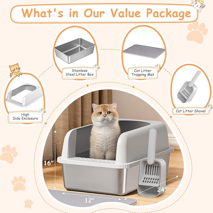 2 Pack Stainless Steel Litter Box, 24'' XL Extra Large Cat Litter Box with Lid, Metal Litter Boxes for Multiple Cats, Anti-Leakage,Non-Stick, Easy to Clean, Included Cat Litter Mat, Scoop-PurrikoPets