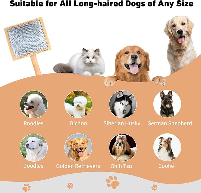 Dog Slicker Brush for Shedding and Grooming Medium or Long Haired Cats, Extra Long & Soft Pin Slicker Brush for Removes Loose Hair, Tangles, Knots, Undercoat, Free Pet Comb, Large, Oak-PurrikoPets
