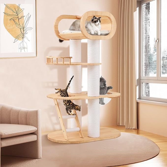 63'' Tall Modern Cat Tree for Indoor Cats, Luxury Cat Tree, Multi-Level Wood Climb Tower for Large Cat, Heavy Duty Kitty House with Transparent Bowl, Large Perches with Removable Cushion-PurrikoPets
