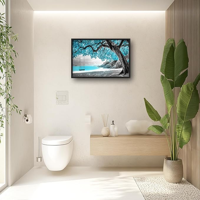 Extra Large Framed Abstract Tree Wall Art,Black and White Tree of Life Wall Decor,Blue Teal Sea Pictures for Living Room,Canvas Print Painting Modern Artwork Bedroom Office Bathroom 36L x 24W-PurrikoPets