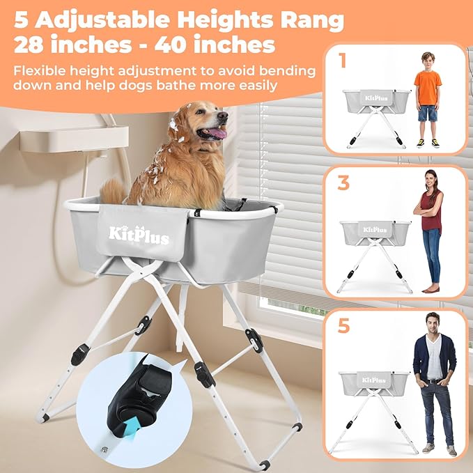 Elevated Dog Bathtub, 5 Height Adjustable Portable Dog Wash Station for Small to Large Pets, Foldable Bathing Tub with Storage & Anti-Slip Design Gray-PurrikoPets