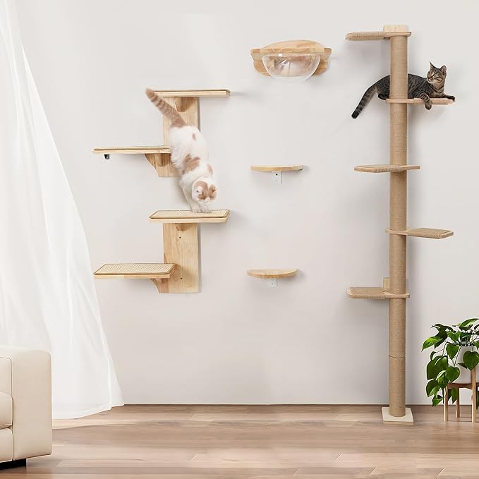 FUKUMARU Cat Wall Shelves, 2 Platform Kitten Wall Furniture, Tree Shape Wall-Mounted Floating Shelf with Sisal Mat, Solid Rubber Wood Cats Perch for 16 Inch Drywall, Suitable for Climb, Play, Nap-PurrikoPets