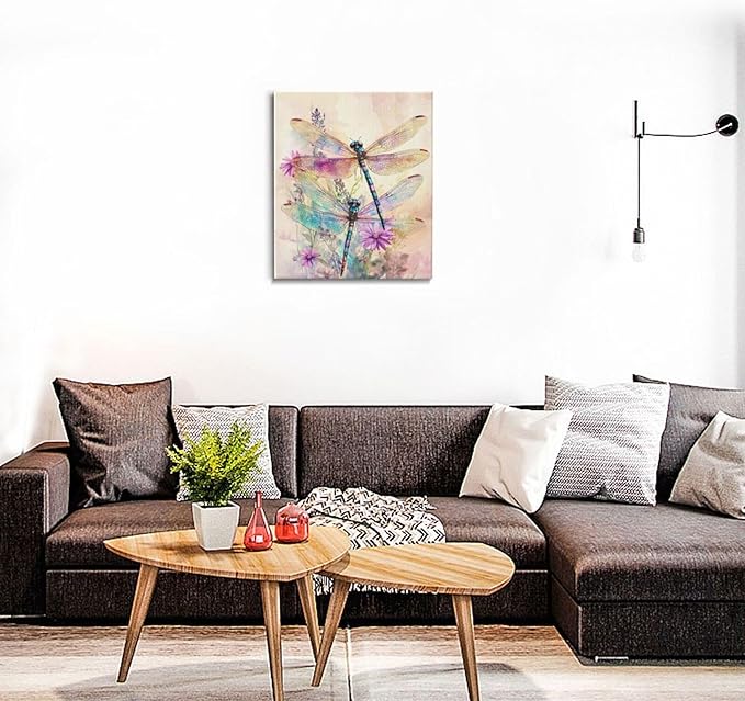 Dragonfly Bathroom Pictures Wall Art, Floral Bathroom Wall Decor, Framed Painting Canvas Artwork for Bedroom Living Room Decorations 24"L x 20"W-PurrikoPets