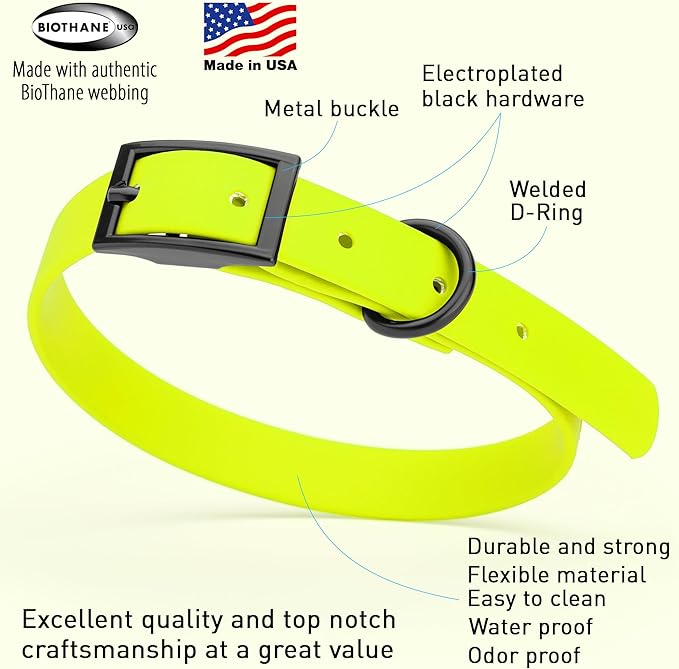 Dogline Biothane Waterproof Dog Collar Strong Coated Nylon Webbing with Black Hardware Odor- Proof for Easy Care Easy to Clean High Performance Fits Small Medium or Large Dogs, Safety Yellow-PurrikoPets