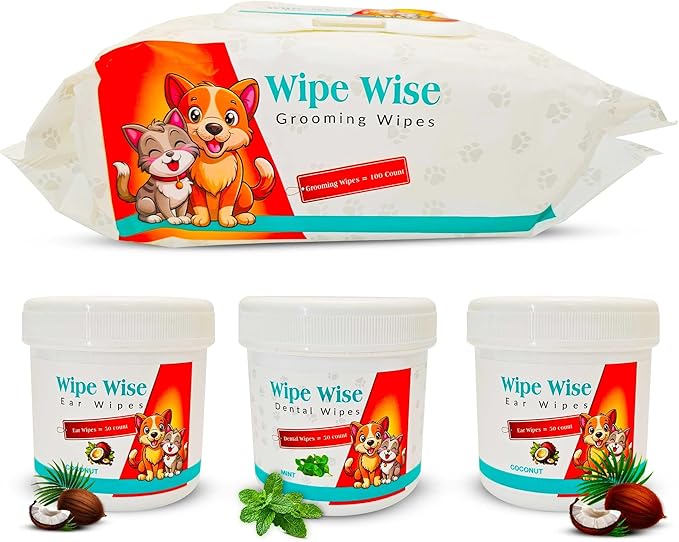 100 Pet Wipes (8x8'' Unscented) - 100 Ear Wipes (Coconut) - 50 Dental Wipes (Mint Infused) for Dogs & Cats, 250 Wipes, Alcohol-Free, Safe & Gentle- Great Value Bundle, Pet Care-PurrikoPets