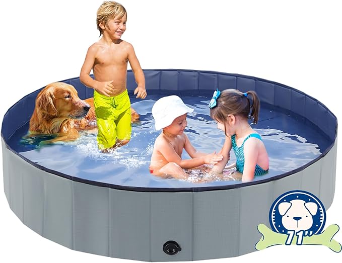 Foldable Dog Bath Swimming Pool 71'' Plastic Kiddie Pool Professional Tub Collapsible Grooming Bathtub for Pets Kids Baby and Toddler, 71 x 12 Inches Gray-PurrikoPets