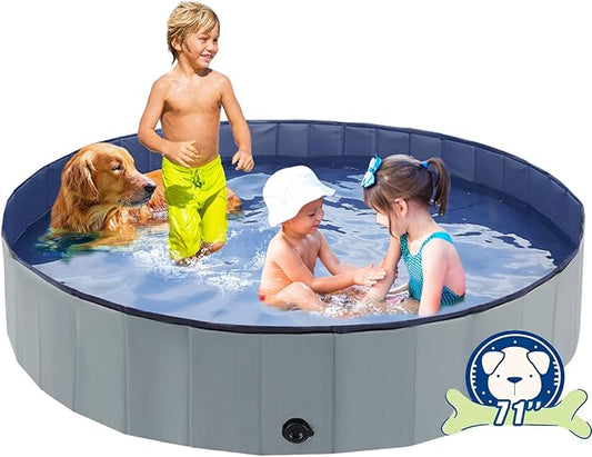 Foldable Dog Bath Swimming Pool 71'' Plastic Kiddie Pool Professional Tub Collapsible Grooming Bathtub for Pets Kids Baby and Toddler, 71 x 12 Inches Gray-PurrikoPets
