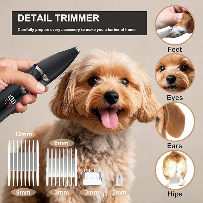 Dog Grooming Kit with LCD Display, 4 in 1 Dog Hair Trimmer for Paw Nail Grinder, Rechargeable Cordless Pet Cat Clippers, Professional Pet Paw Trimmer Nail Grinder Low Noise. Black-PurrikoPets