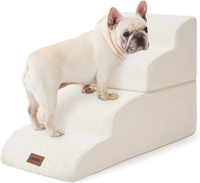 Dog Stairs Ramp for Bed 19.7" H - Pet Stairs Steps for Small to Medium Dogs to Get on Bed and Couch, 35D Foam with Non-Slip Bottom Beige, 4 Steps-PurrikoPets