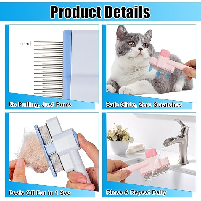 2PCS Flea Comb for Cats & Dogs – Magic Self-Cleaning Cat Grooming Brush with Stainless Steel Teeth, Cat Combs for Fleas and Ticks, Indoor Pets, Fine Tooth Comb for Kittens-PurrikoPets