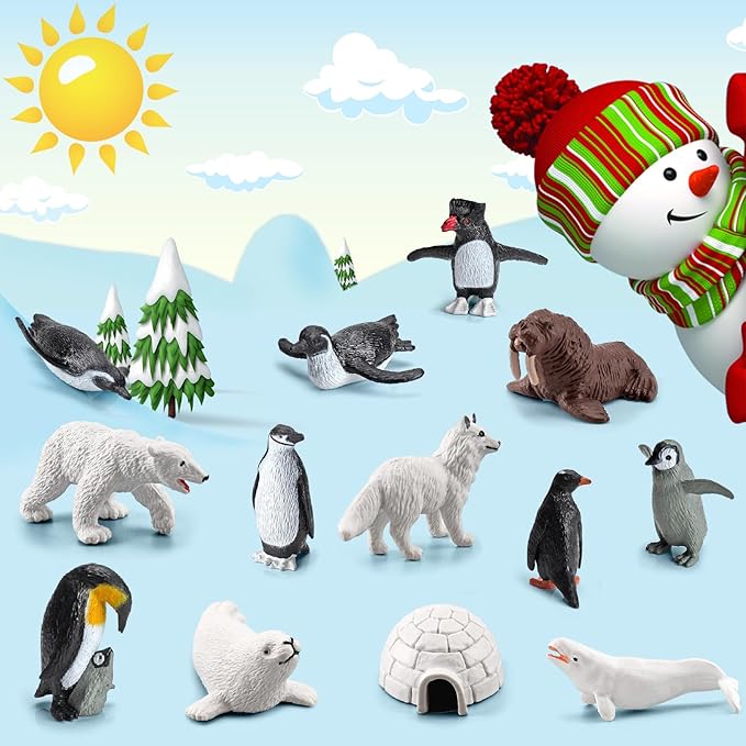 26Pcs Arctic Animal Figures - Polar Animal Toys Figurines with Penguins Arctic Fox Wolf Polar Bear Reindeer - Miniature Toys Cake Topper Christmas Birthday Gift for Kids & Toddlers-PurrikoPets