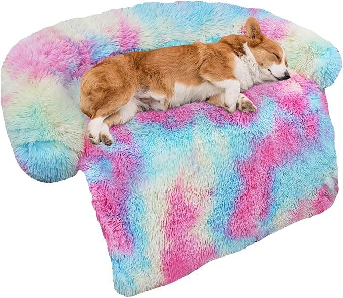 GGIB Calming Dog Bed Fluffy Plush Dog Mat for Furniture Protector with Removable Washable Cover for Large Medium Small Dogs and Cats (Medium, Rainbow)-PurrikoPets