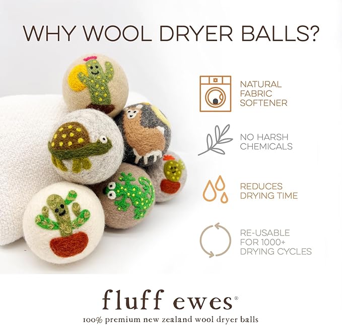 Fluff Ewes Wool Dryer Balls 6 Pack Premium New Zealand Wool Laundry Balls for Dryer, No Static Dryer Balls Laundry Reusable, XL Wool Dryer Balls Cute, Baby Dryer Balls for Dryers - Kiss My Cactus-PurrikoPets