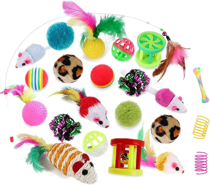 32Pcs Cat Toys Kitten Interactive Pet Toys Assortments, Foldable Rainbow Tunnel, Cat Feather Teaser Wand Interactive Feather Toy Fluffy Mouse Crinkle Balls Bell Play for Cat Puppy Kitty Kitten(2 way)-PurrikoPets